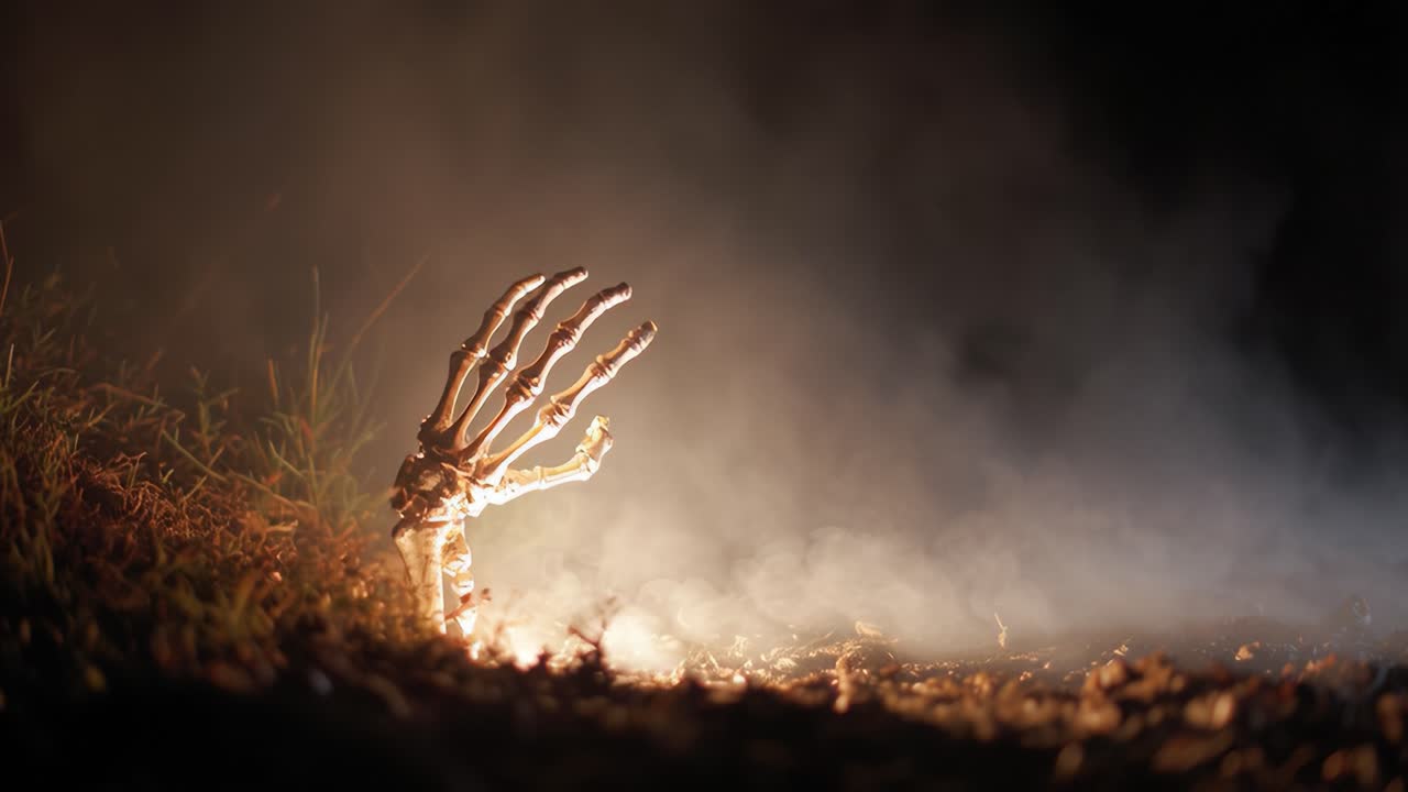 A Spooky Scene Featuring a Skeleton Hand Emerging from the Ground Amidst an Eerie Fog, Creating a Haunting Atmosphere Perfect for Halloween or Horror Themes