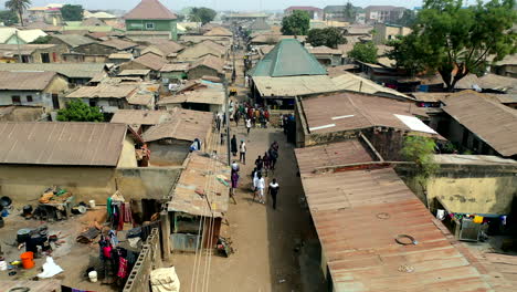 Aerial view of the Mararaba village of the Nasarawa State in central Nigeria with shanty homes in crowded streets