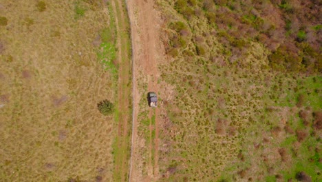 Top-down-view-of-safari-car-driving-on-scenic-road-during-sunny-day---aerial-tracking-shot