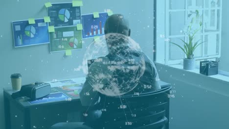 animation of mixed race man taking off a vr headset and using computer