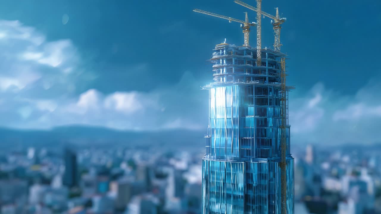 Gedung pencakar langit modern yang sedang dibangun dengan derek dan langit biru di lanskap perkotaan, menampilkan arsitektur inovatif dan kemajuan pembangunan perkotaan.
