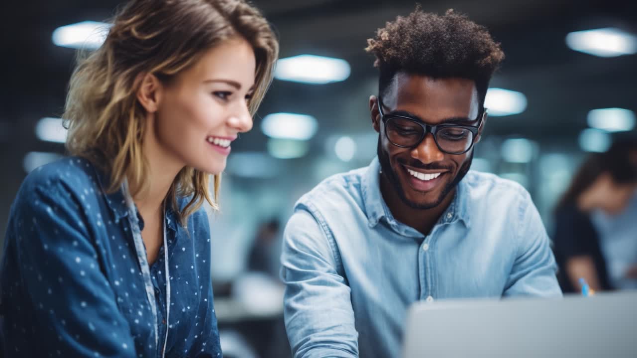 Two Young Professionals Collaborating in a Modern Workspace, Engaged in Focused Discussion with a Laptop, Highlighting Teamwork and Creativity
