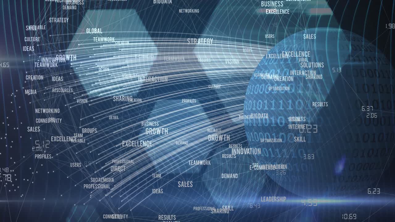 바이너리 코딩으로 전 세계를 가로지르는 비즈니스 텍스트와 라이트 트레일의 애니메이션