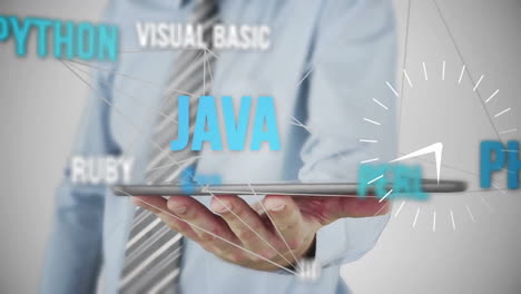 Persona-Sosteniendo-Una-Tableta,-Animación-De-Lenguajes-De-Programación-Sobre-Ropa-De-Negocios