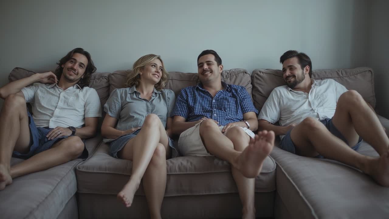 Cuatro amigos charlando en ropa casual en un sofá modular en casa, intercambiando miradas que provocan risas.