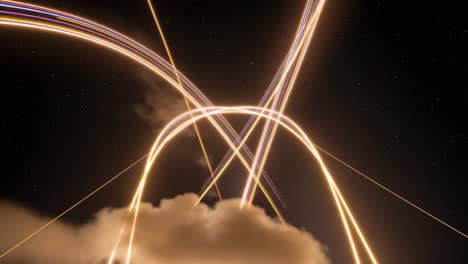 captivating nighttime display of rocket trajectories: a stunning visual of launches and cosmic pathways in the dark sky illuminated by streaks of light
