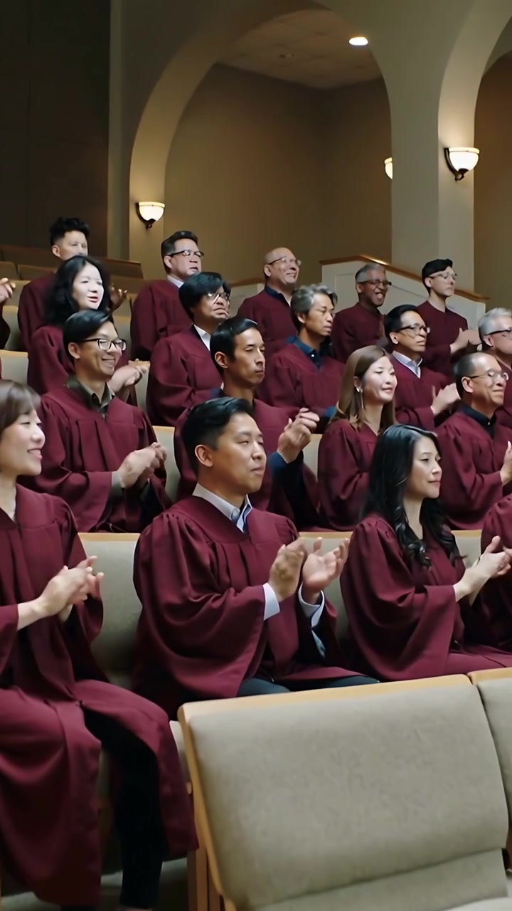 Vertical video: Clapping Asian man in maroon robe following final note in chapel, with tiered seats