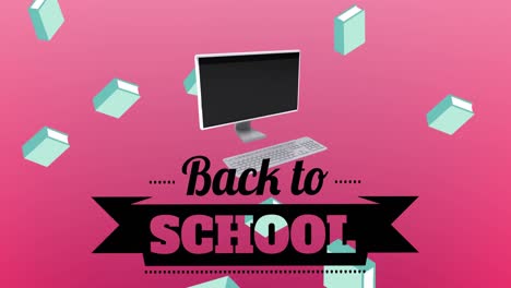 Animation-of-text-back-to-school-over-falling-books-and-desktop-computer-on-pink