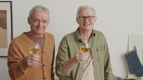 medium close-up pov of two cheerful senior caucasian male friends, standing indoors, talking, raising white wine glasses and looking on camera