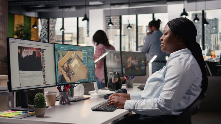 Designer negro usando software de arquitetura e ativos virtuais para planta baixa