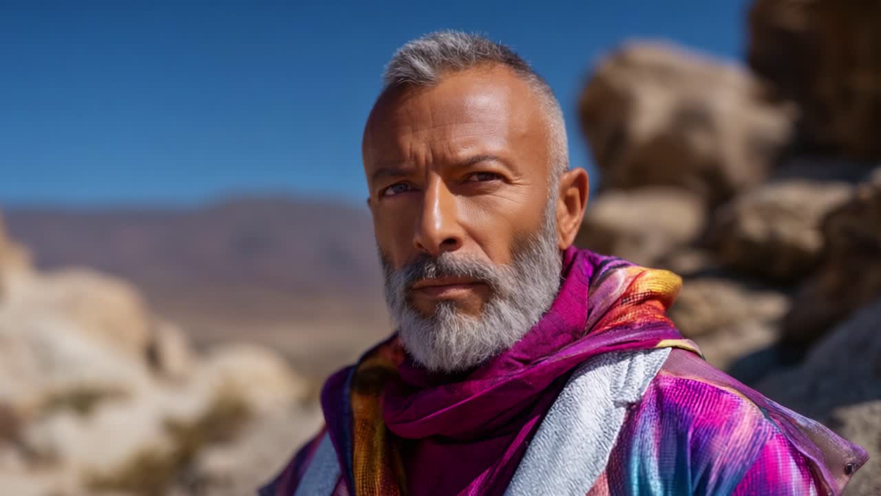 Una figura contemplativa con una barba maestosa si erge su uno sfondo mozzafiato, mettendo in mostra un abbigliamento vivace e un'espressione pensierosa sotto un cielo azzurro.