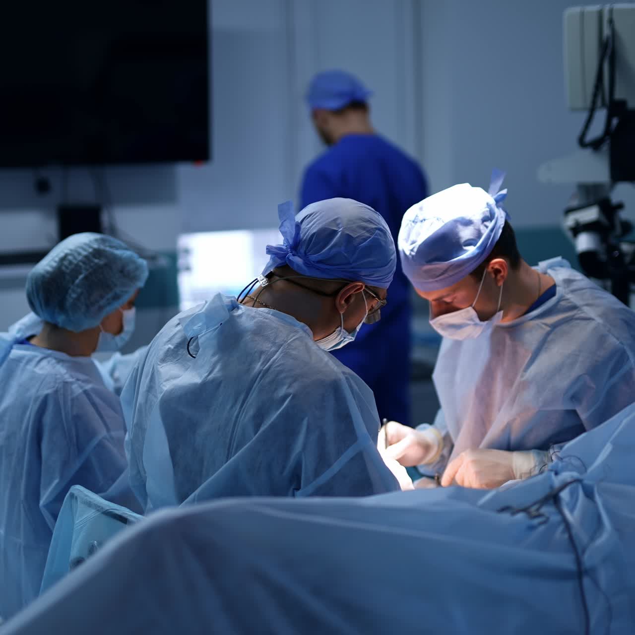 Experienced team of neurosurgeons working in the surgery room. Doctors sit near the patient performing operation
