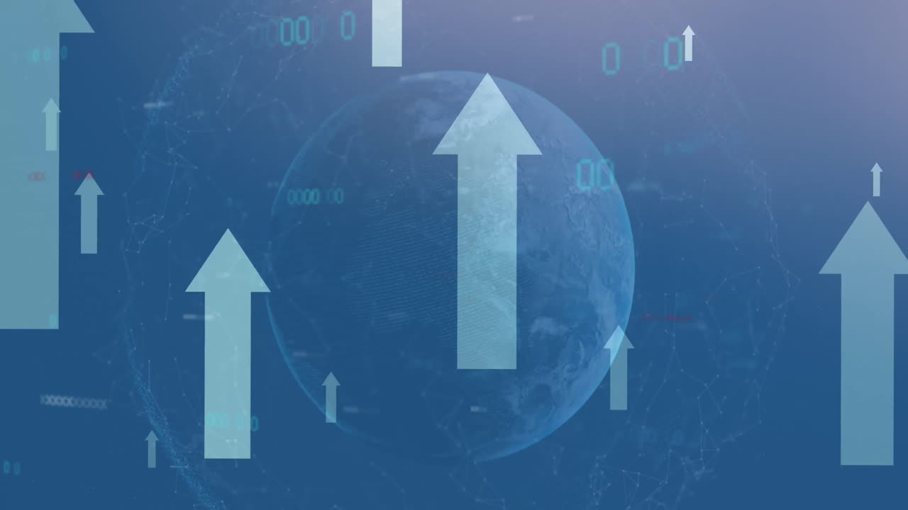 Animation of financial data processing and arrows over globe on blue background