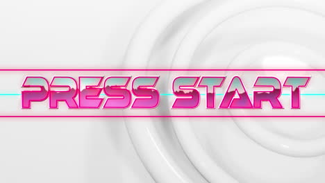 animation of press start text banner against neumorphic white background with curcular patterns