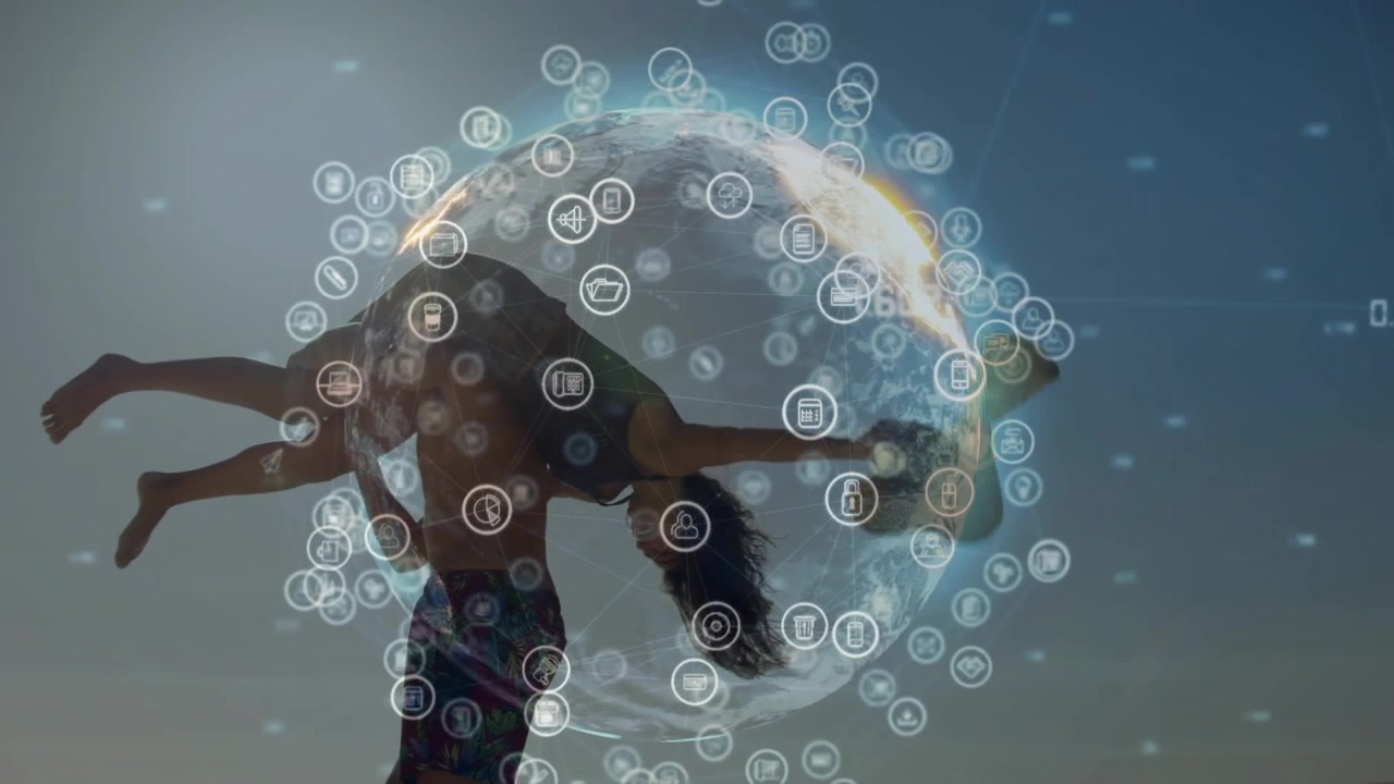 Uomo che porta con sé una donna mentre un globo svanisce sopra delle figure, icone che pulsano, protendendosi verso la tecnologia.