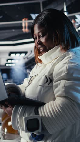 Vertical video Astronauts operating starship control interface react to alien presence