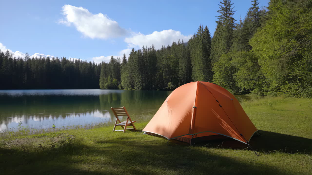 Orange tent set up by a serene lake in a forest