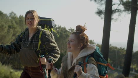 zwei junge backpackerinnen wandern mit trekkingstöcken und unterhalten sich an einem sonnigen tag im wald