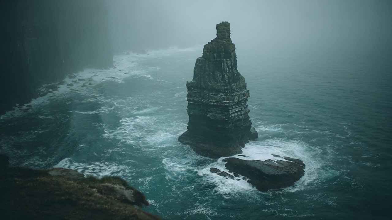 En majestetisk fjellformasjon omgitt av mystisk tåke, som stiger opp fra det turbulente havet i et kaotisk, men vakkert naturlandskap