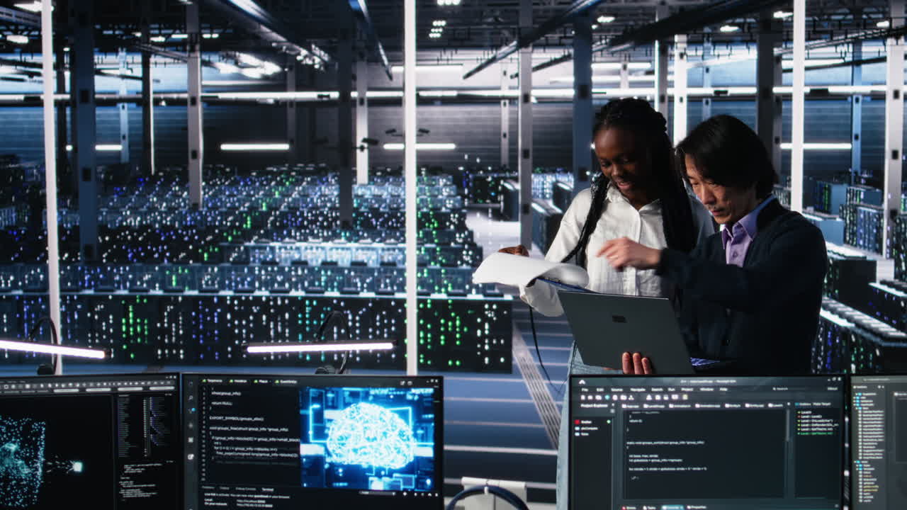Data Center Engineers Managing Ai Systems, Looking Over Paperwork