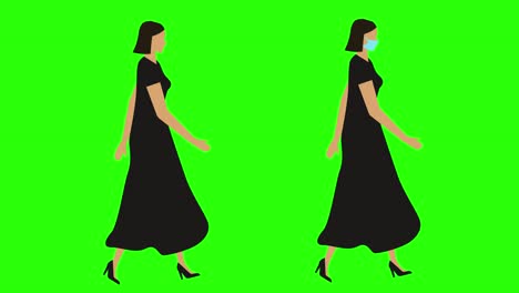 women walking cycle seamless loop , face mask version, green screen chroma key animation, flat design