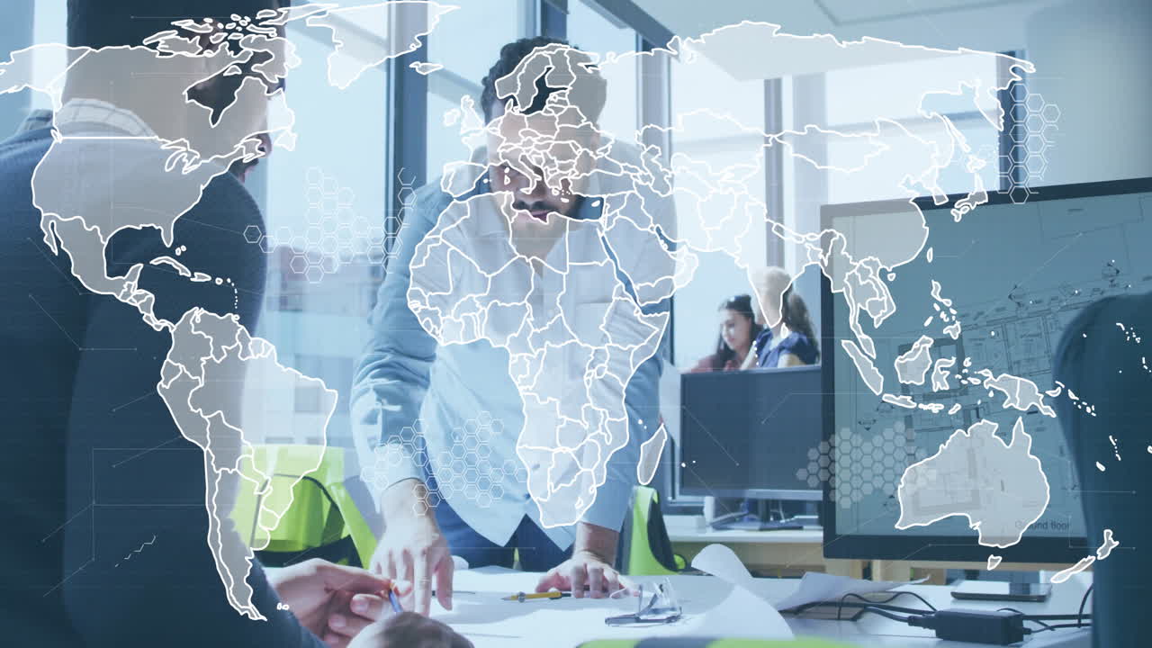 World map animation over business team collaborating in modern office