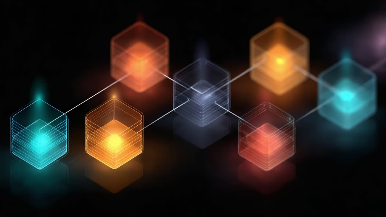 A Vivid Representation of Abstract Technology: An Engaging Visualization of Hexagonal Blocks Interconnected by Light and Color in a Dark Environment