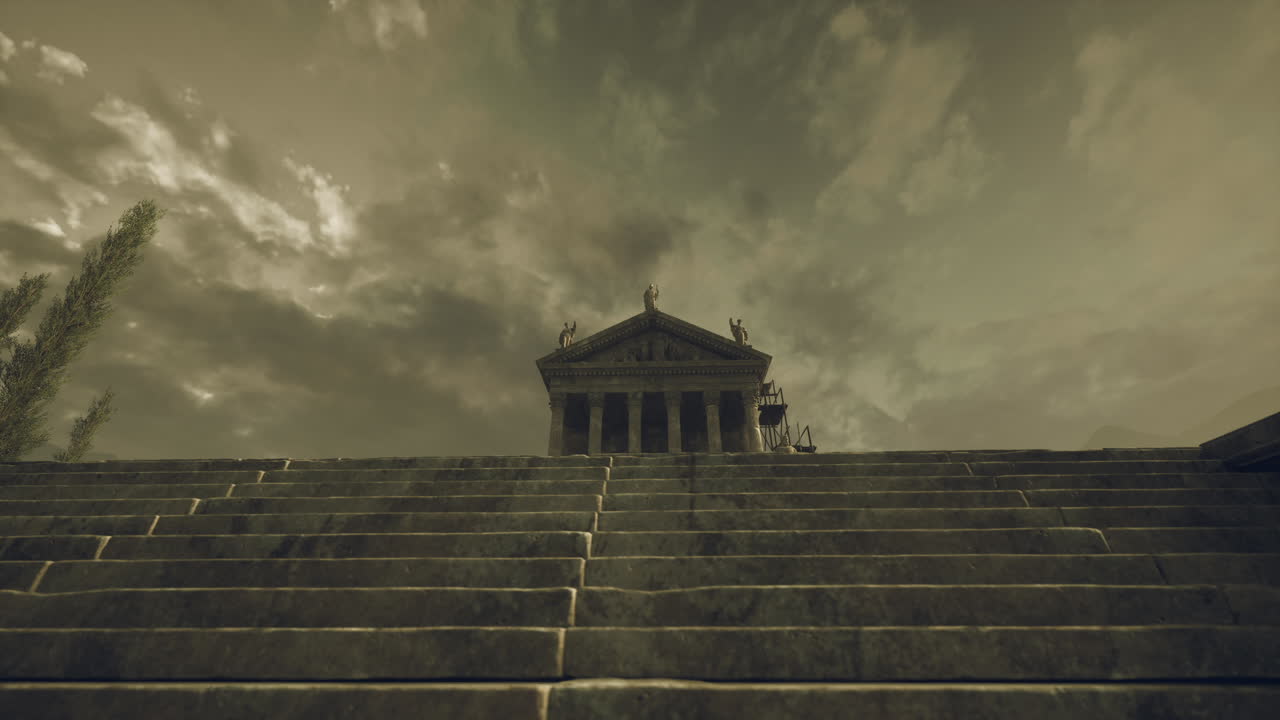 Steps leading to an ancient temple under a dramatic sky at dusk