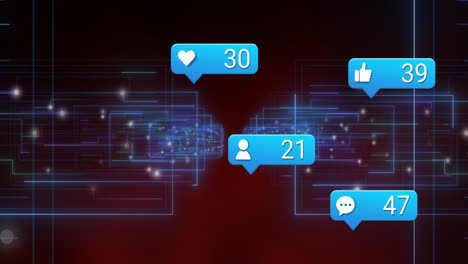 Animation-of-multiple-social-media-icons-and-blue-light-trails-against-red-brown-background