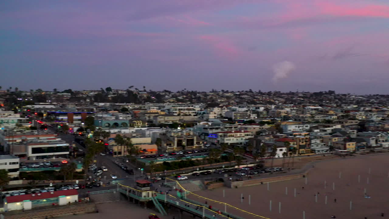 Aerial shot of Manhattan Beach, California, USA. Panning drone shot of Manhattan Beach at sunset