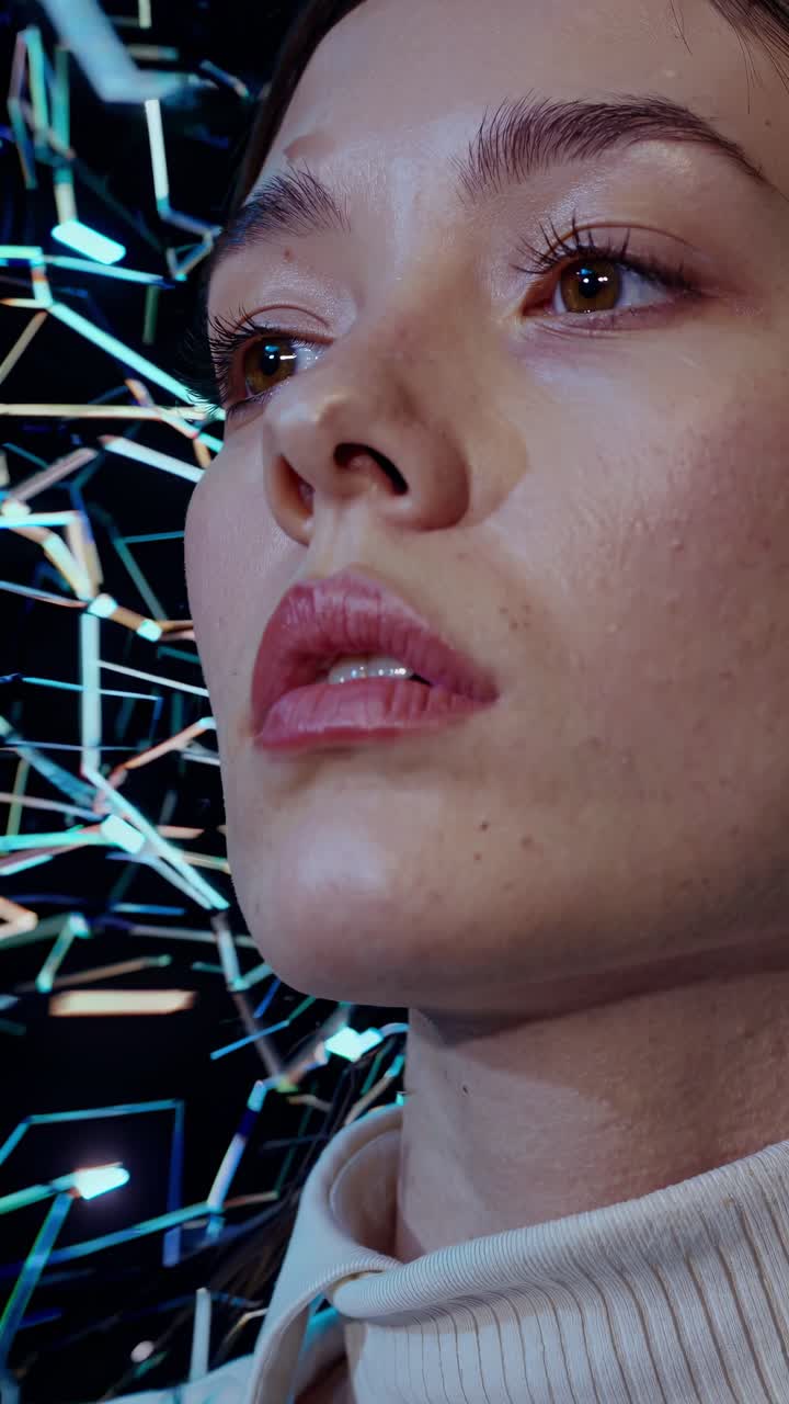Young woman wearing casual turtleneck is immersed in metaverse, exploring virtual reality with futuristic lights and digital network connections