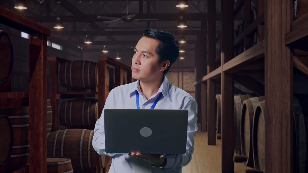 Asian Male Professional Worker Standing With His Laptop In Cellar Of Winery, He Observes By Looking Around Before He Come To Concentrating With His Laptop