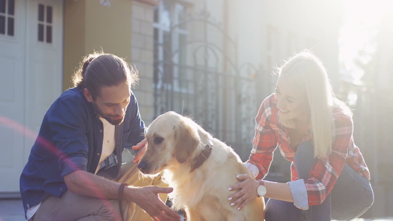 vista de cerca de la alegre novia y el novio acariciando a su perro labrador en la calle en un día soleado