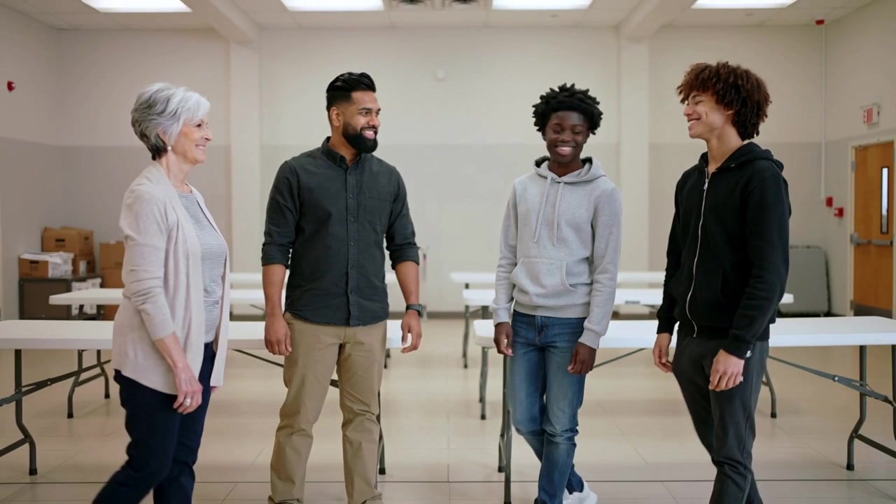 Stepping senior woman reaching across group and fist-bumping men as greeting in hall, tables