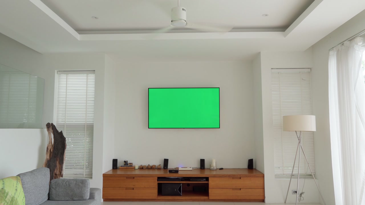 Green Screen Television Mounted on Living Room Wall