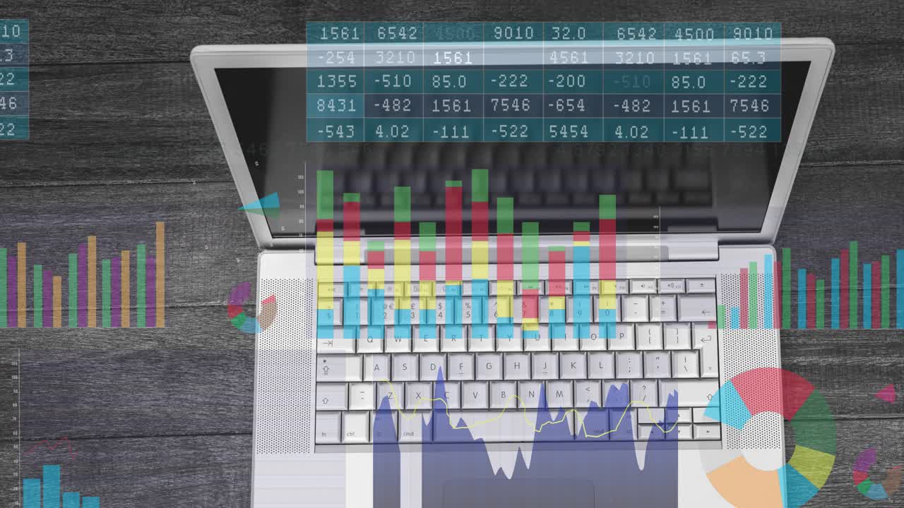 Upon opening laptop revealing keyboard animating charts and tables for visualizing data trends