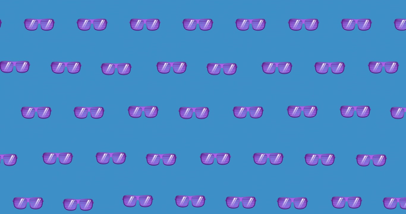 Animation of multiple purple sunglasses icons in seamless pattern on blue background with copy space