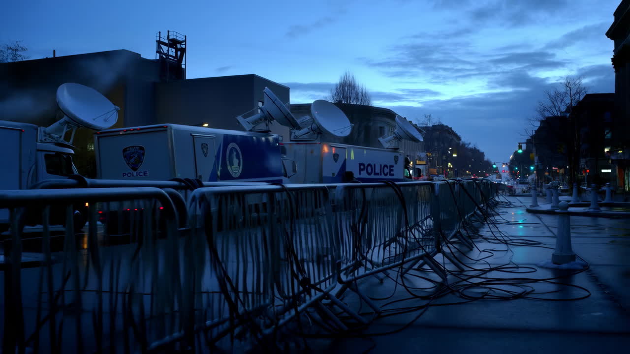 Police Mobile Command Center with Satellite Dishes and Barriers on a City Street at Dusk