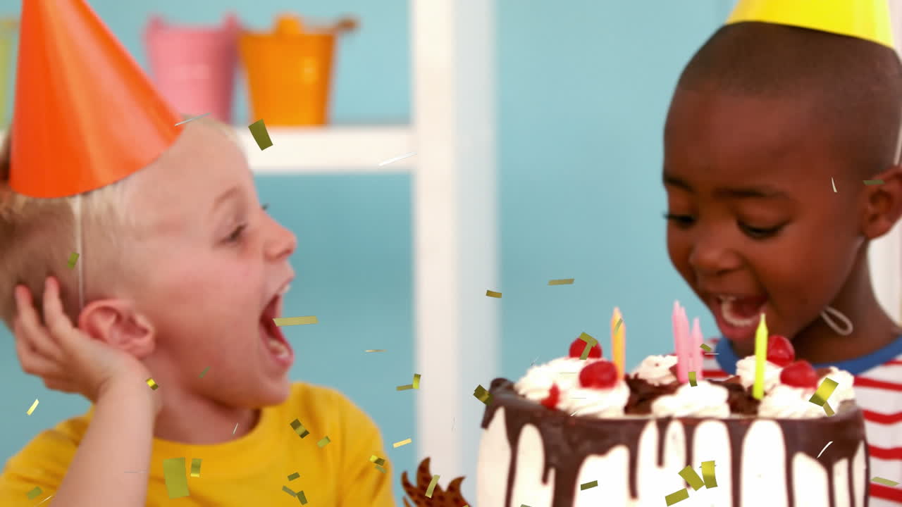 animación de confeti sobre niños con pastel de cumpleaños en una fiesta de cumpleaños