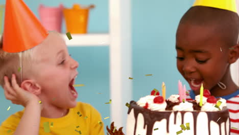 animation of confetti over children with birthday cake at birthday party