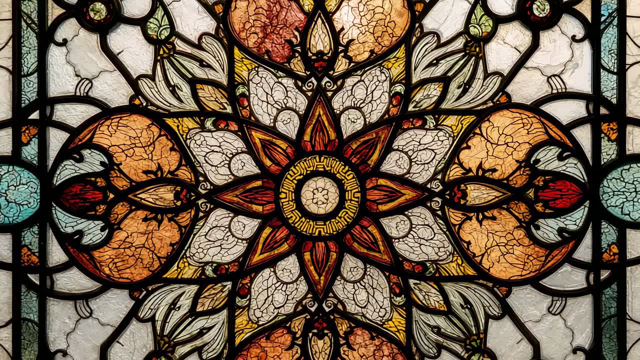 Starting camera capturing stained glass with lead lines in church with light shifting