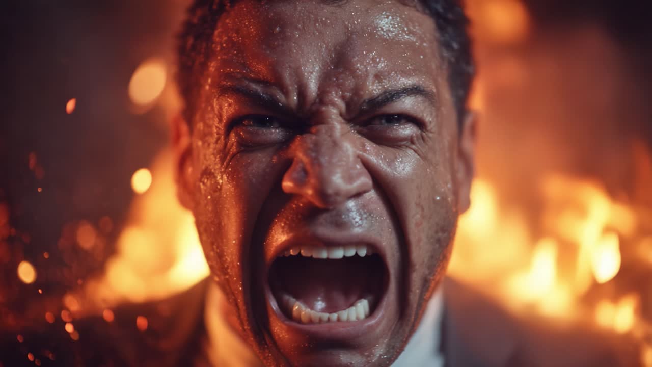 Intense Emotional Expression of Anger Amidst Flames: A Captivating Portrait of Raw Passion and Fury in Extreme Conditions