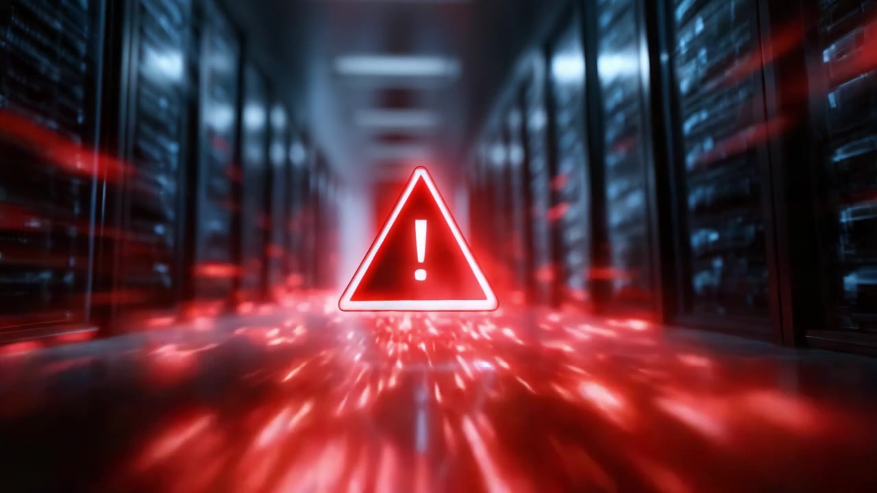 Warning Alert in Server Room: Red Notification Sign Amidst High-Tech Data Servers Representing Cybersecurity Threats and Urgent System Concerns
