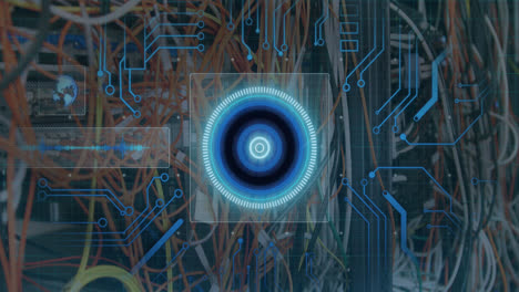 Animation-of-scope-scanning,-circuit-board-and-data-processing-over-cables-in-computer-server