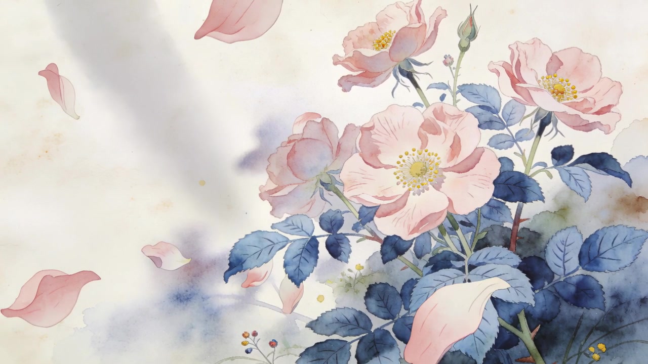 紙に描かれたバラの房へと舞い落ち、葉の上に落ち着くピンクの花びら。