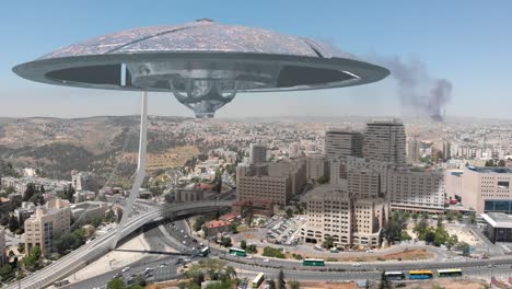 alien ufo saucers over large city, 3d illustration