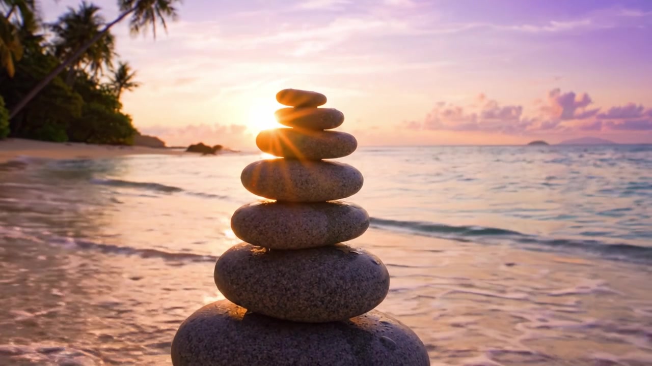 Une vue sereine au coucher du soleil présentant une pile complexe de pierres lisses sur une plage tranquille, entourée de palmiers luxuriants et de douces vagues reflétant une lumière dorée.