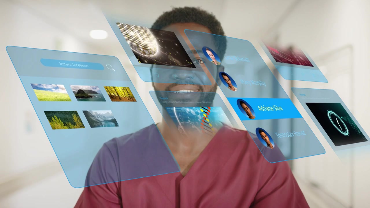 Afroamerikansk læge med futuristisk augmented reality-grænseflade