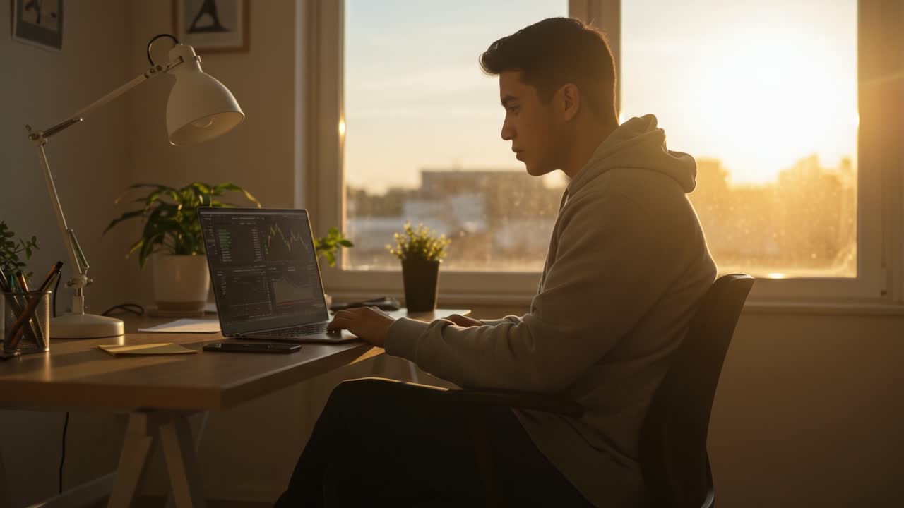 A focused individual engages in digital activities on a laptop, surrounded by a serene workspace, illuminated by warm sunset light, evoking productivity and creativity