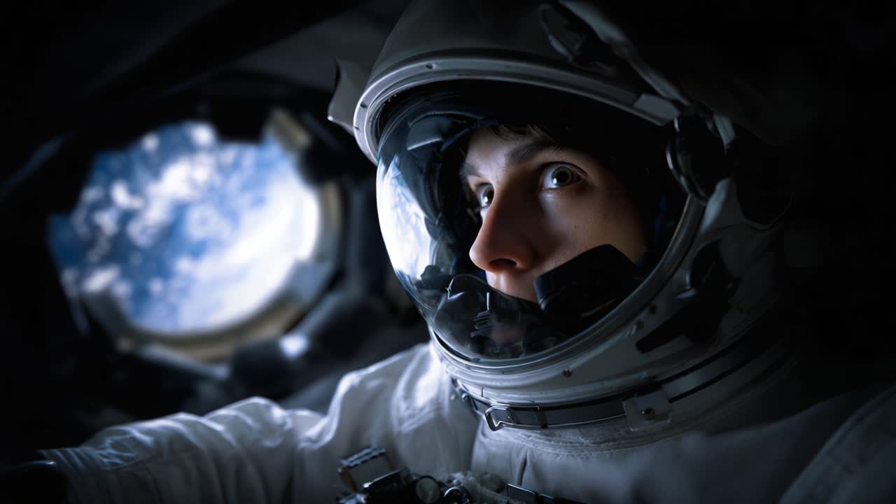 Un astronauta mira hacia el cosmos, capturando el asombro y la maravilla de la exploración espacial desde la ventana de la cabina de la nave espacial.